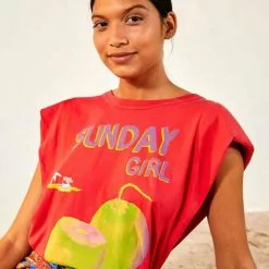 Farm Rio Sunday Girl Graphic Tee In Red New