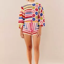 Farm Rio Rainbow Crochet Squares Shorts New