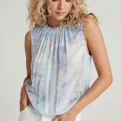 Bella Dahl Smocked Neck Tank In Irredescent Aqua Sustainable