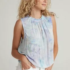 Bella Dahl Smocked Neck Tank In Irredescent Aqua Sustainable