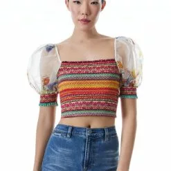 Alice & Olivia Arnelle Puff Sleeve Smocked Top New