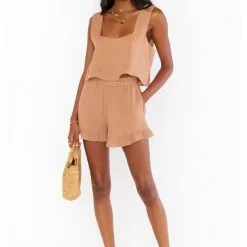 Show Me Your Mumu Rockie Ruffle Shorts In Tan