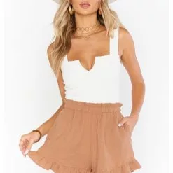 Show Me Your Mumu Rockie Ruffle Shorts In Tan