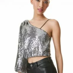 Alice & Olivia Lucinda Sequin Asymmetrical Top New