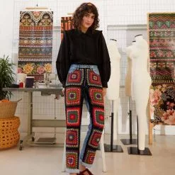 Farm Rio Crochet Embroidered Denim Pants