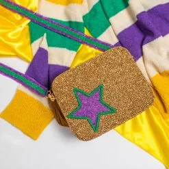 Moyna New Gold Beaded Crossbody Bag With Purple Star