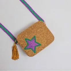 Moyna New Gold Beaded Crossbody Bag With Purple Star