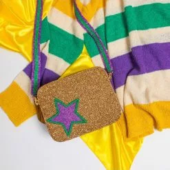 Moyna New Gold Beaded Crossbody Bag With Purple Star