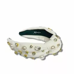 Brianna Cannon White Twill Headband With Large Pearls And Crystals