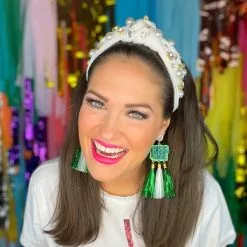 Brianna Cannon White Twill Headband With Large Pearls And Crystals