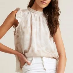 Bella Dahl Sustainable Mock Neck Ruffle Top In Safari Khaki