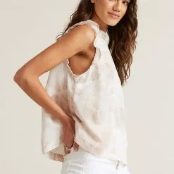 Bella Dahl Sustainable Mock Neck Ruffle Top In Safari Khaki