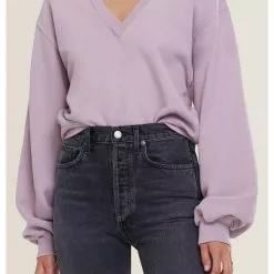 AGOLDE Sustainable V Neck Balloon Sleeve Sweatshirt In Taro