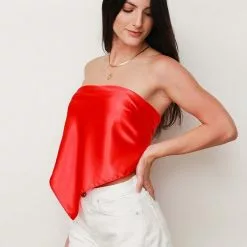 Hemline Fav New Silk Scarf Top In Red