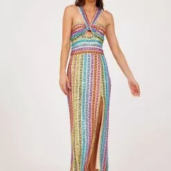 Saylor Max Silver Lake Striped Sequin Maxi Dress New